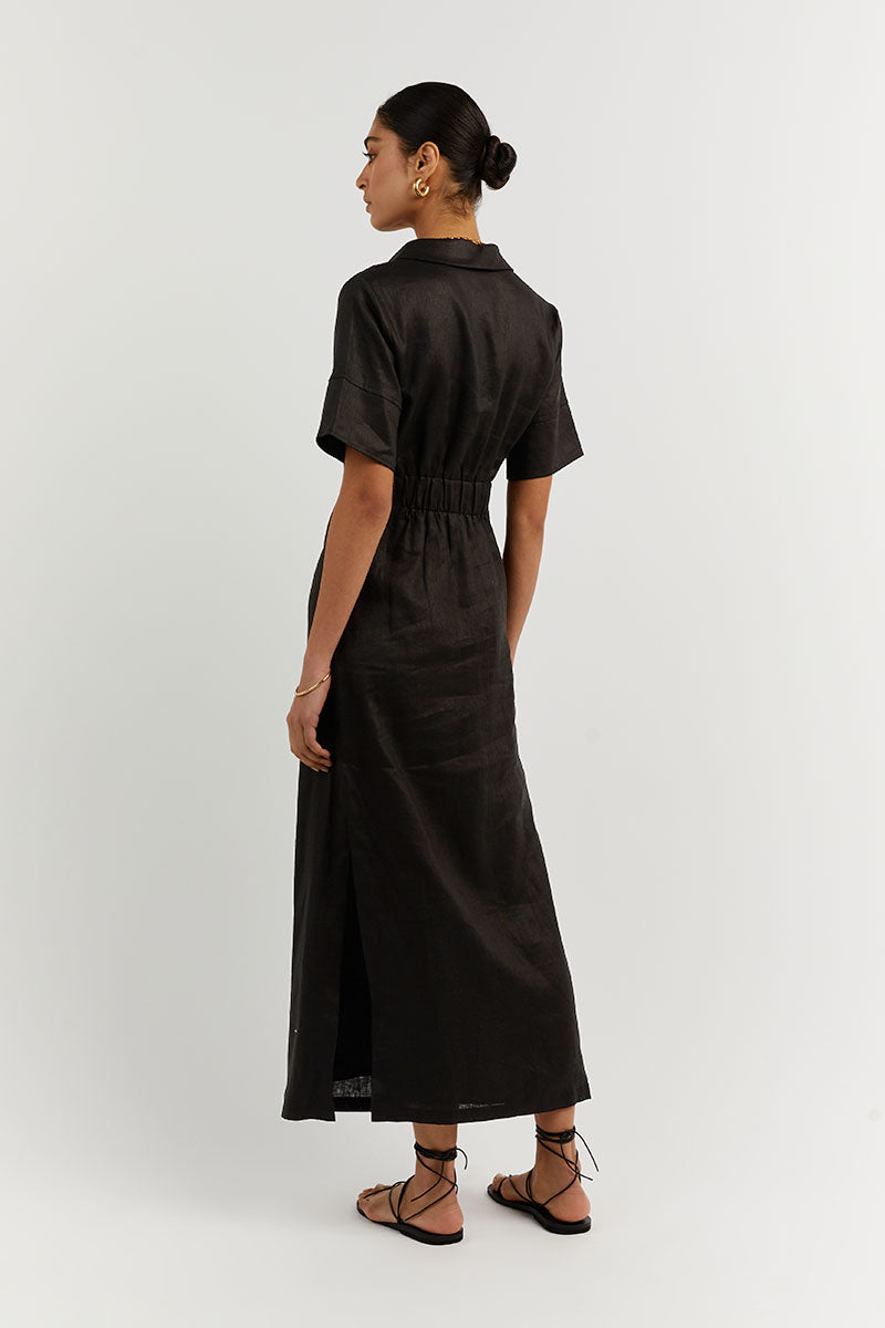 BILLIE BLACK LINEN MIDI DRESS