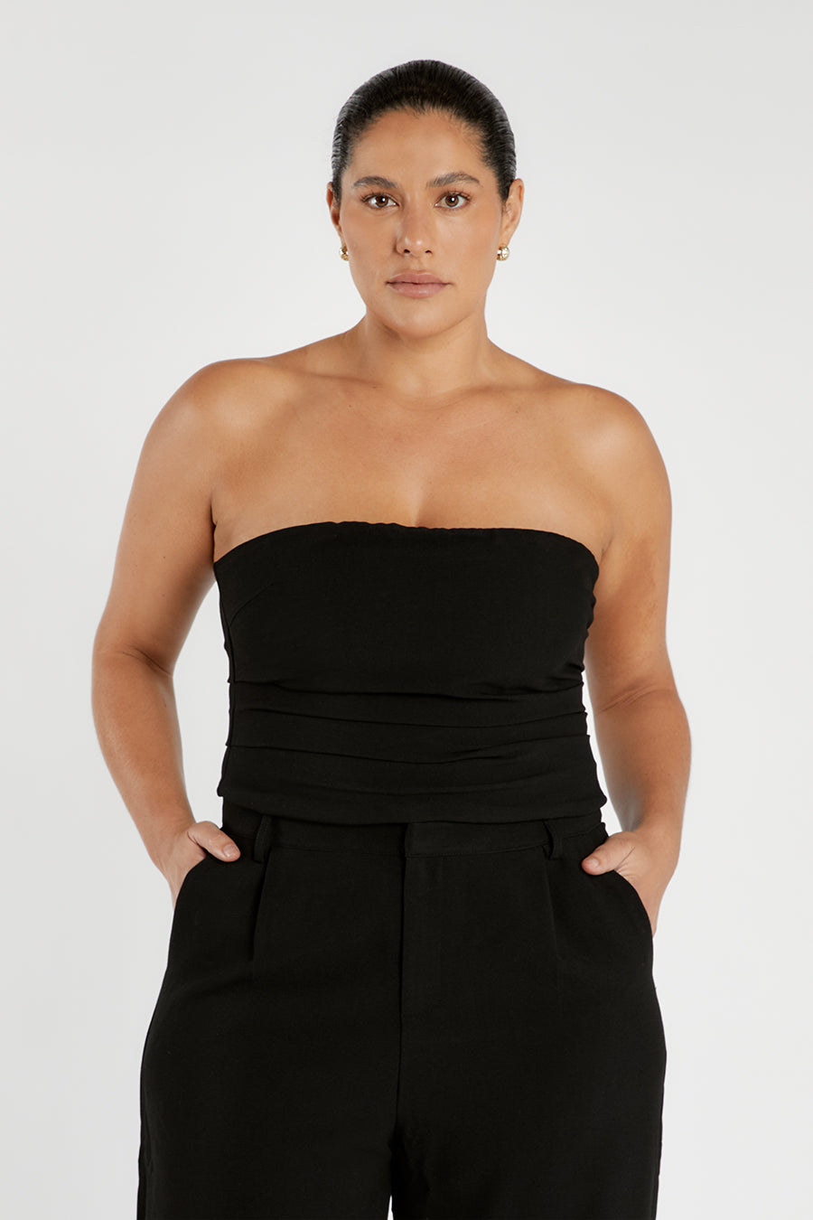 NILE BLACK ROUCHED STRAPLESS TOP