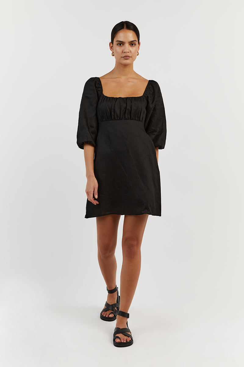 LILAH BLACK LINEN MINI DRESS