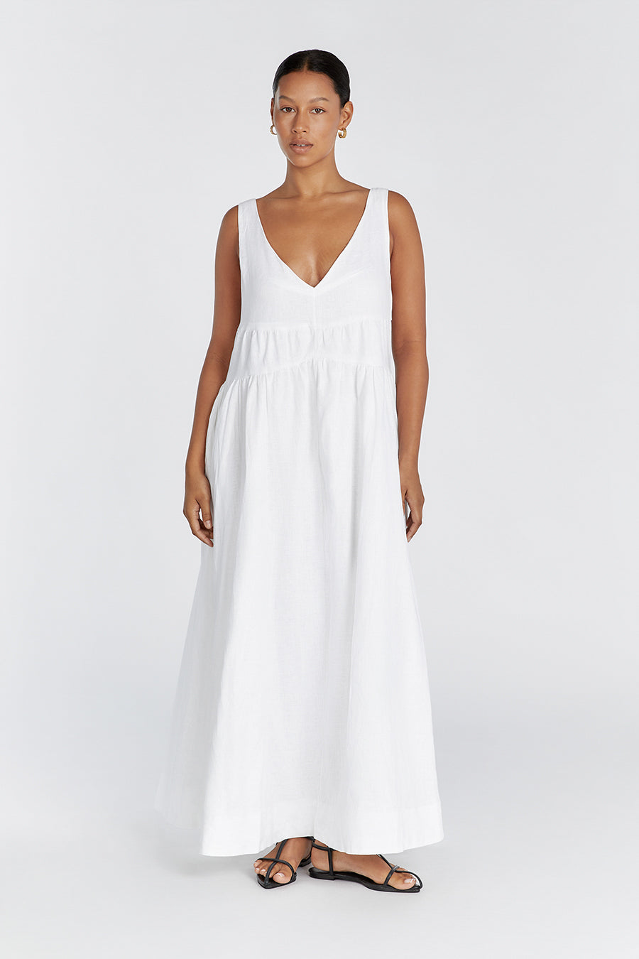 ARLO WHITE V NECK LINEN MAXI DRESS