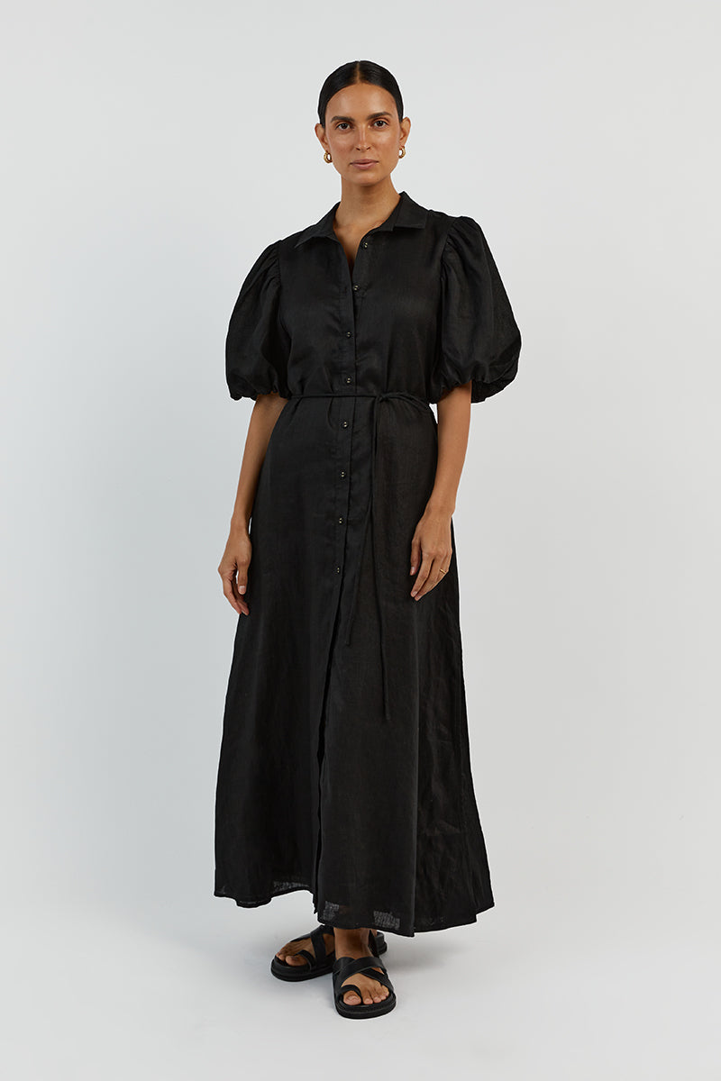 RAE BLACK LINEN SHIRT MIDI DRESS