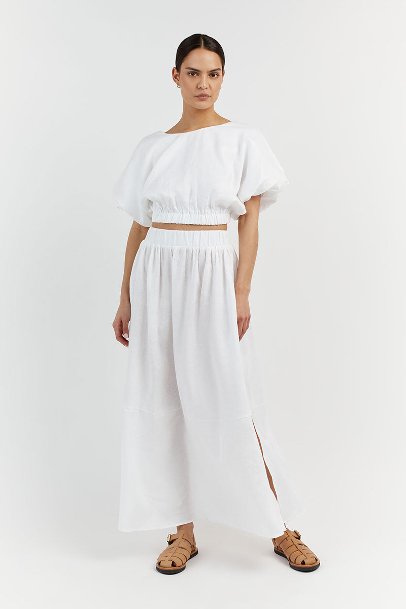 BONNIE WHITE LINEN BUBBLE CROP TOP