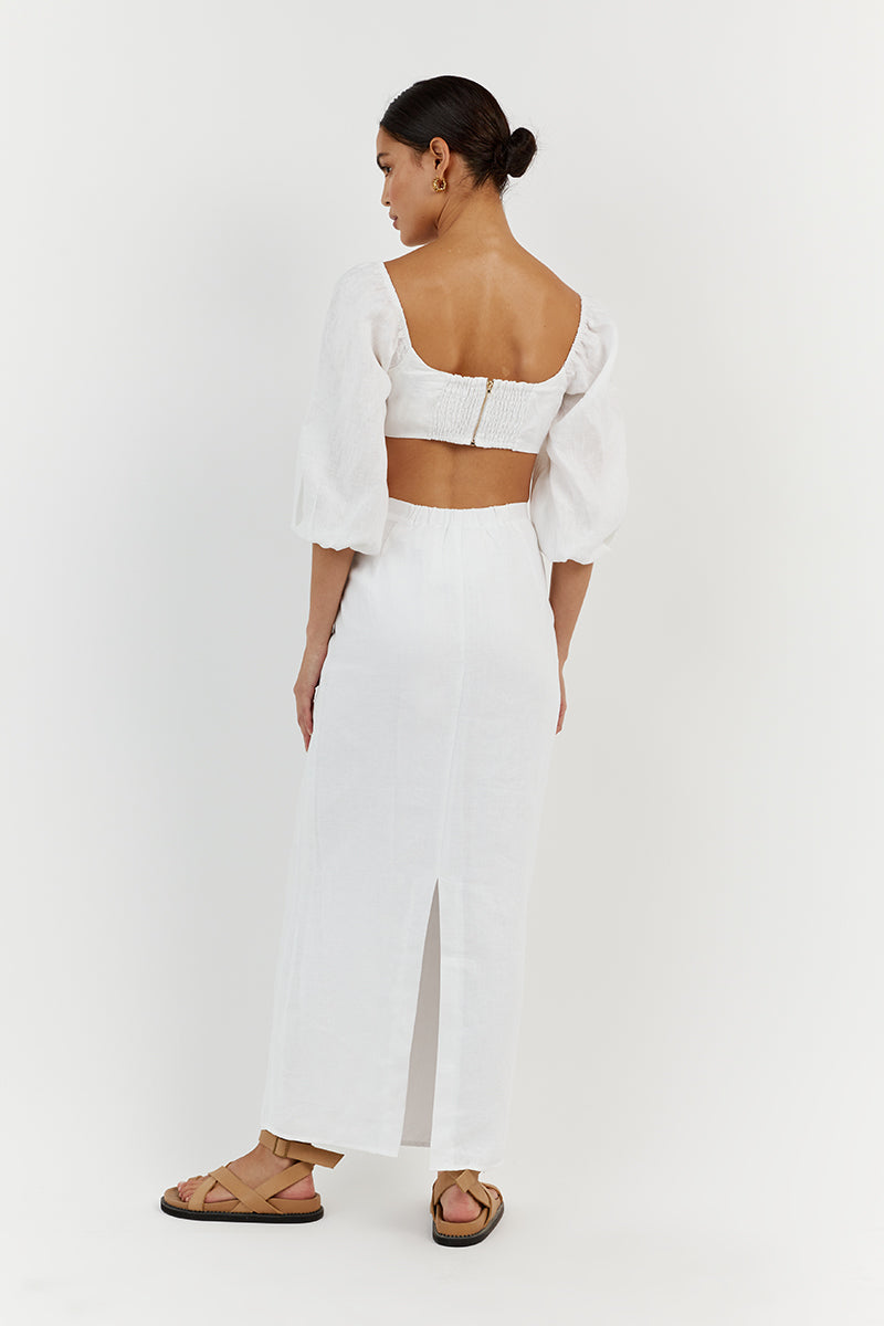 LILAH SLEEVED WHITE LINEN CROP TOP