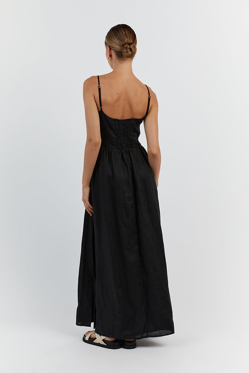 HARPER BLACK LINEN MIDI DRESS