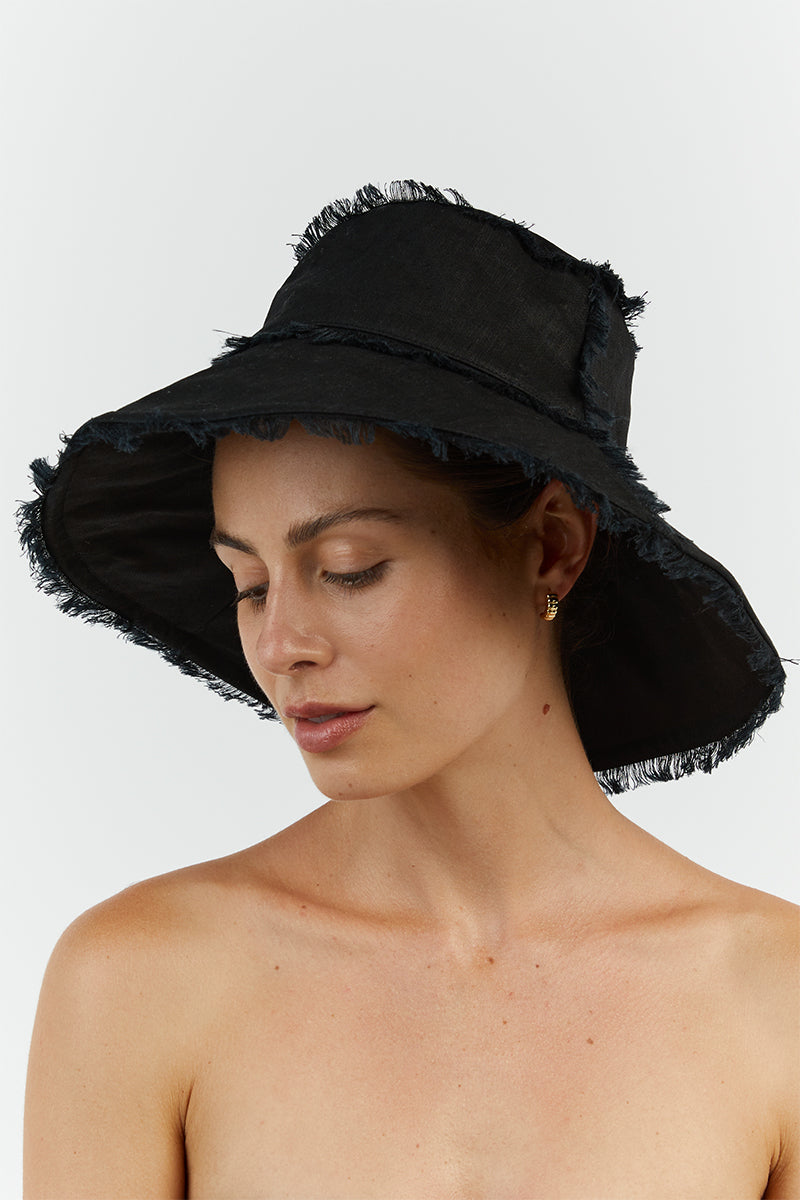 GEORGIE BLACK LINEN WIDE BRIM HAT