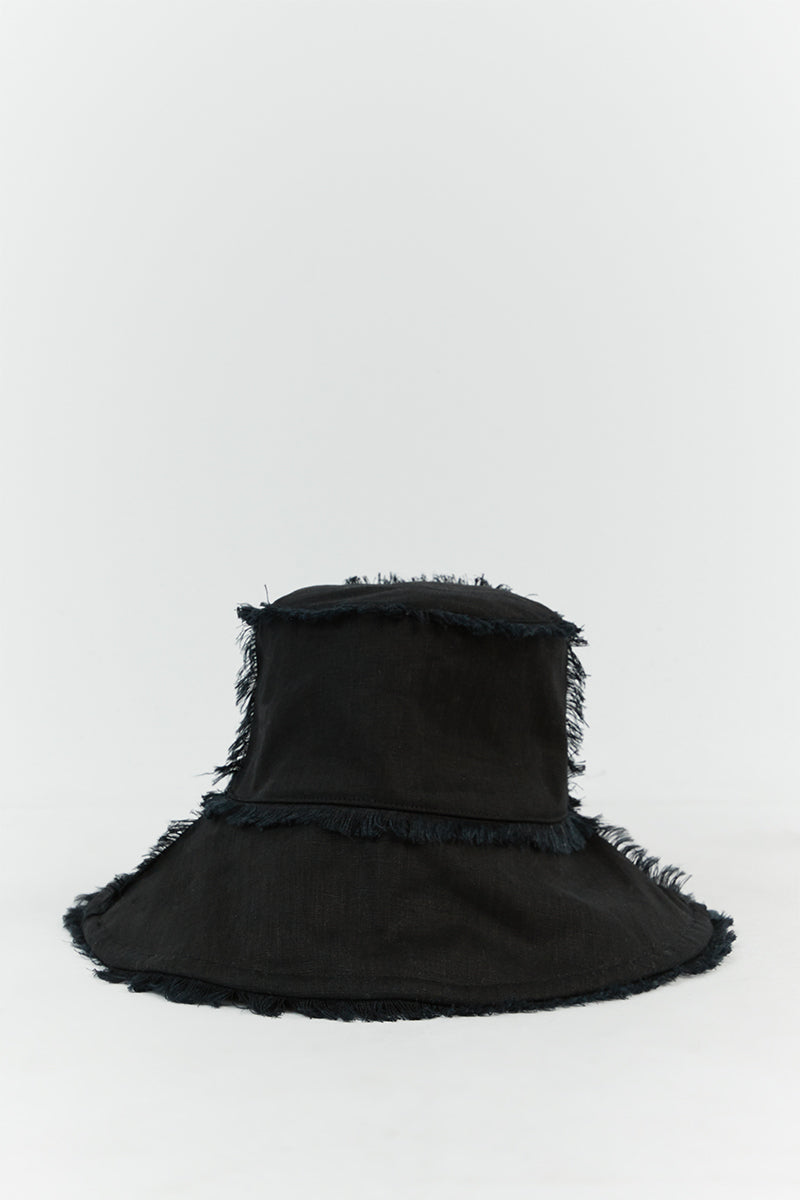 GEORGIE BLACK LINEN WIDE BRIM HAT
