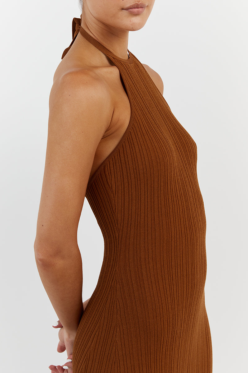 RILEY CARAMEL HIGH NECK KNIT DRESS