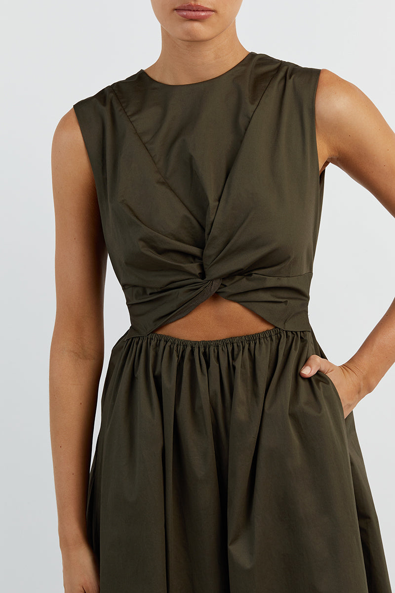 RAMSEY DARK OLIVE COTTON MIDI DRESS