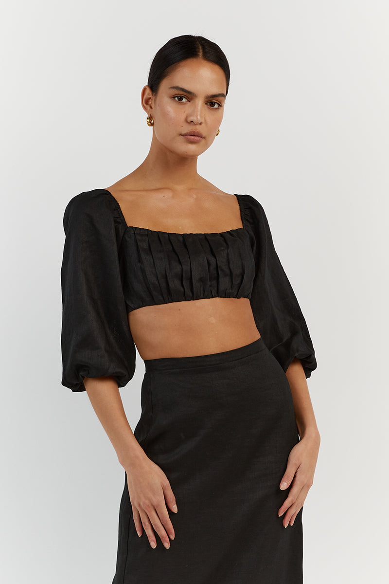 LILAH SLEEVED BLACK LINEN CROP TOP