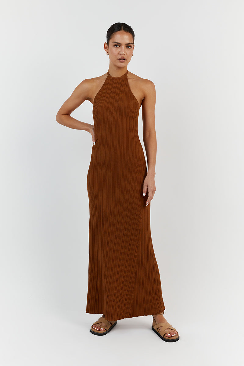 RILEY CARAMEL HIGH NECK KNIT DRESS
