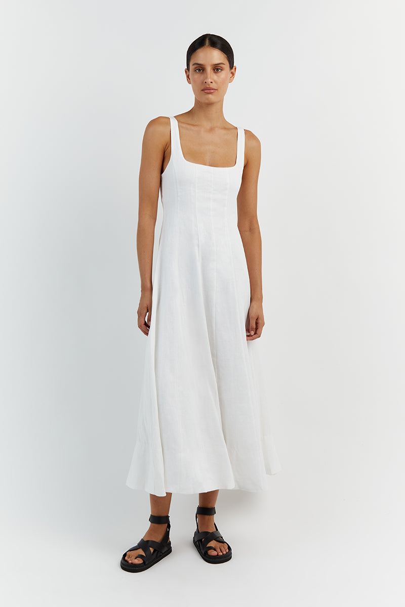 MILAHN WHITE LINEN MIDI DRESS