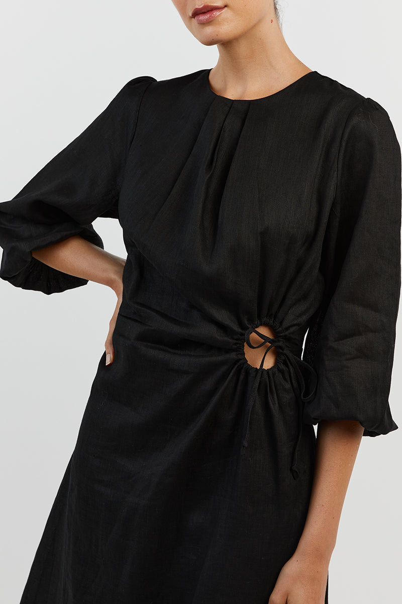 BEAU BLACK SLEEVED LINEN MIDI DRESS