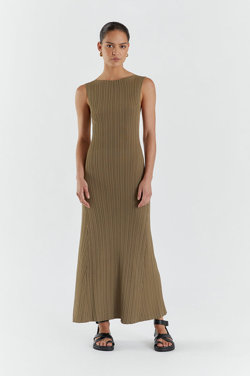 IVY KHAKI S/LESS MIDI DRESS