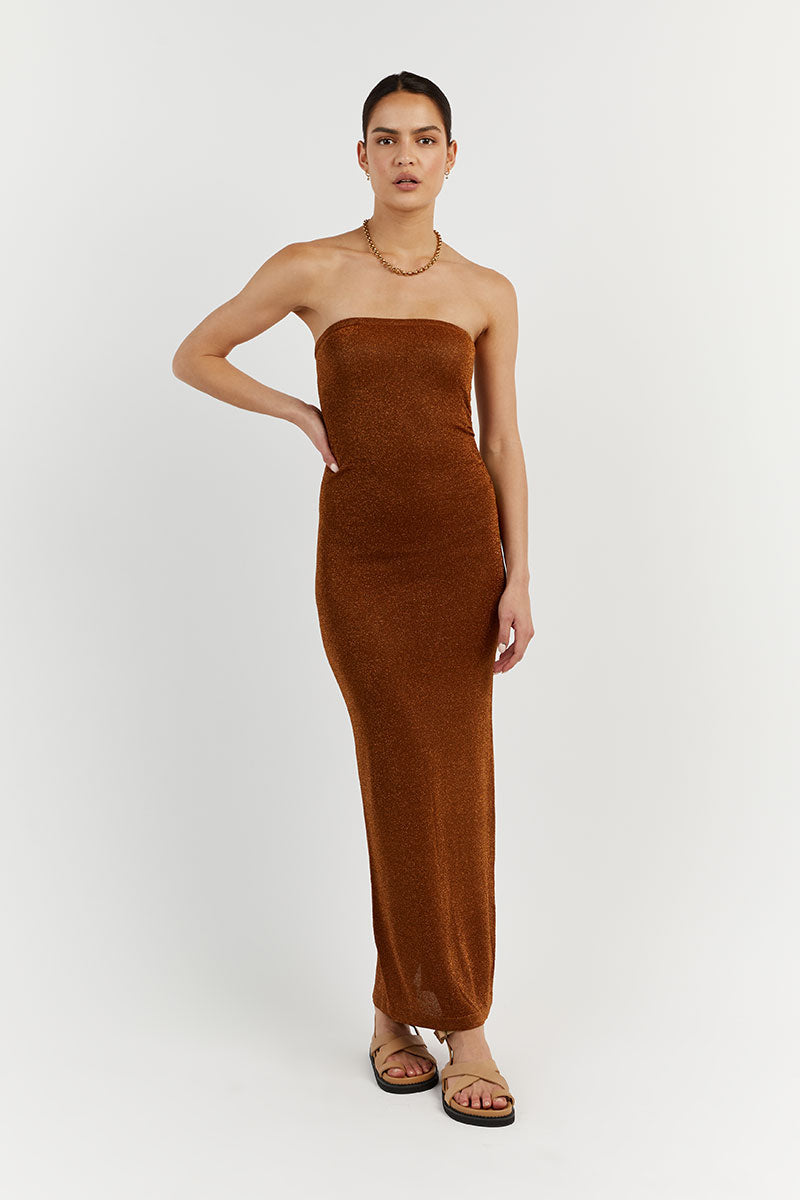 NICO BURNT ORANGE METALLIC MIDI DRESS