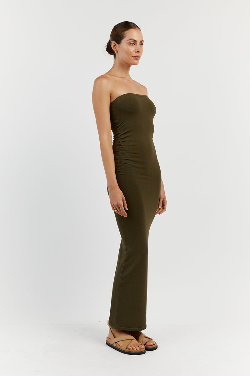 CARRIE OLIVE RUCHED MIDI DRESS