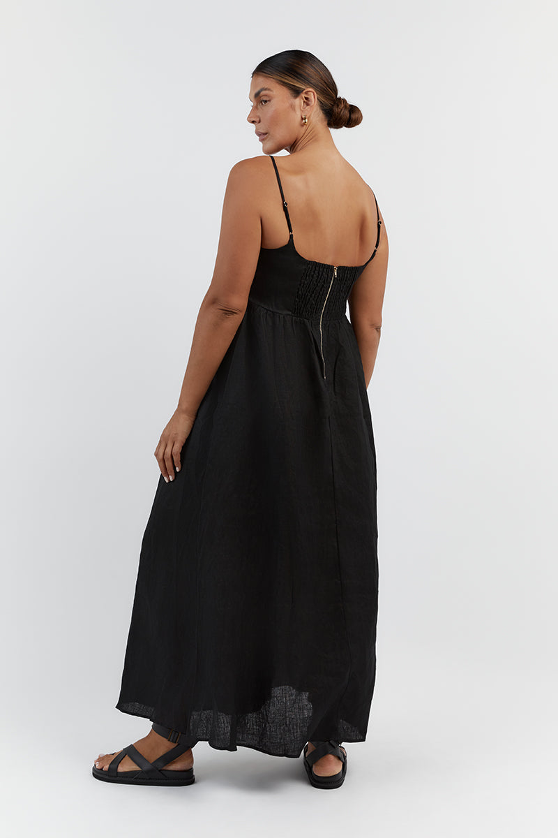SUNNY BLACK LINEN MIDI DRESS