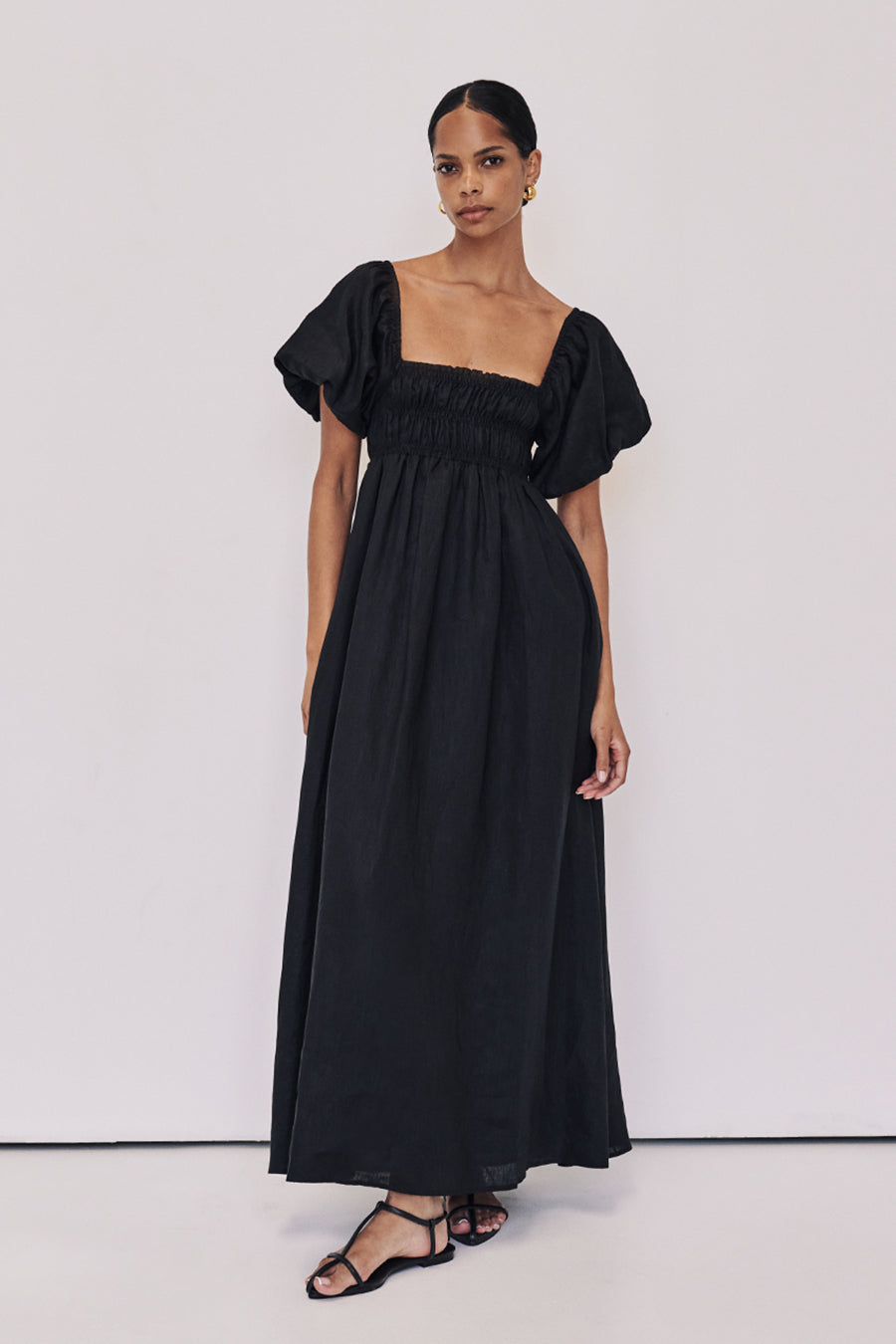 BIANCA BLACK LINEN MIDI DRESS