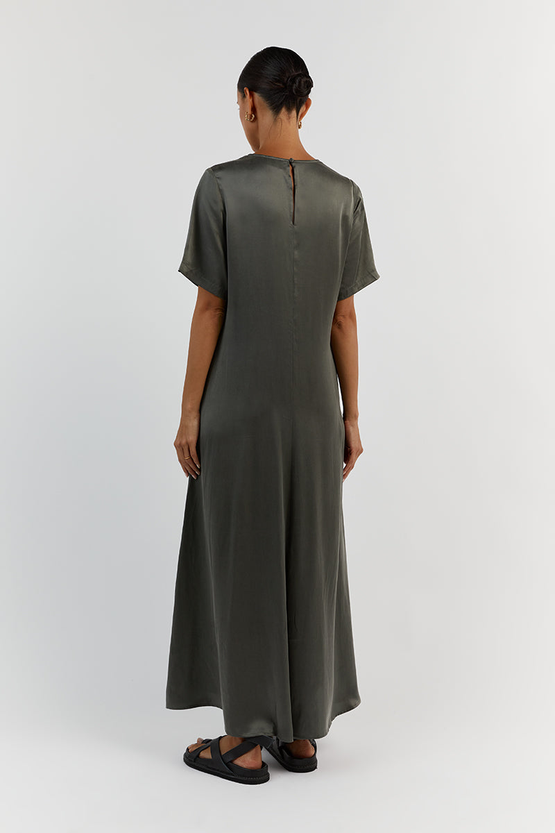 LAYLA DARK OLIVE SILK SHORT SLEEVE DRESS