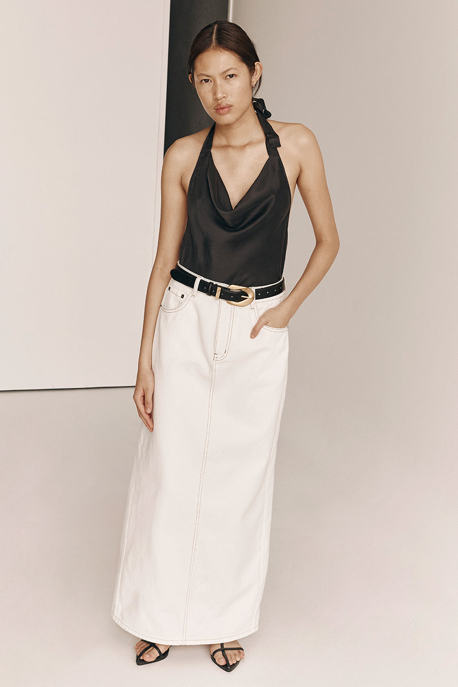 AIMEE BLACK SILK COWL NECK TOP