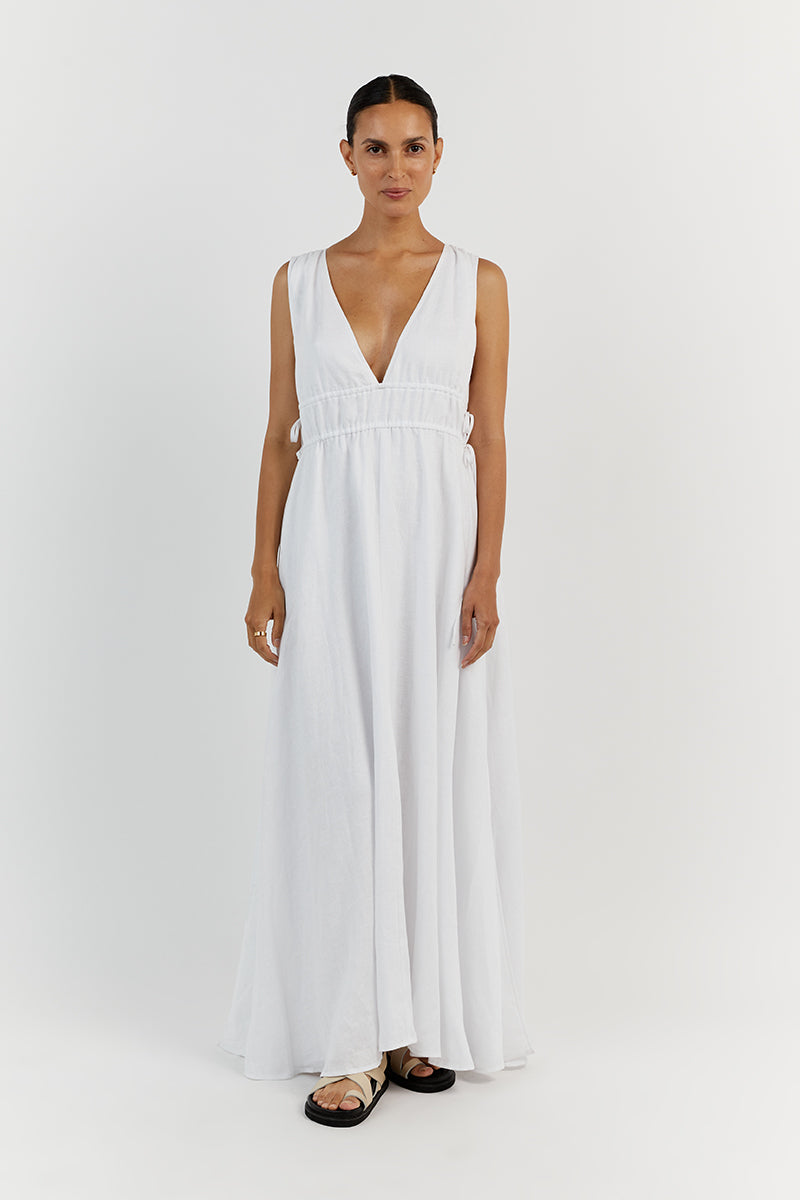 PIA WHITE LINEN LOW NECK MIDI DRESS