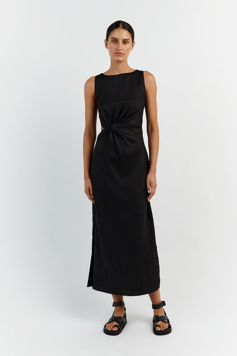 LEILANI BLACK LINEN MIDI DRESS