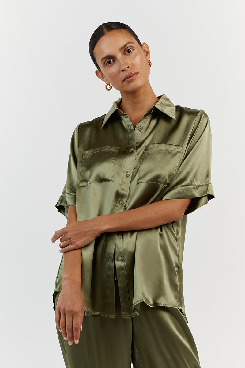 EVANS OLIVE SILK VACATION SHIRT