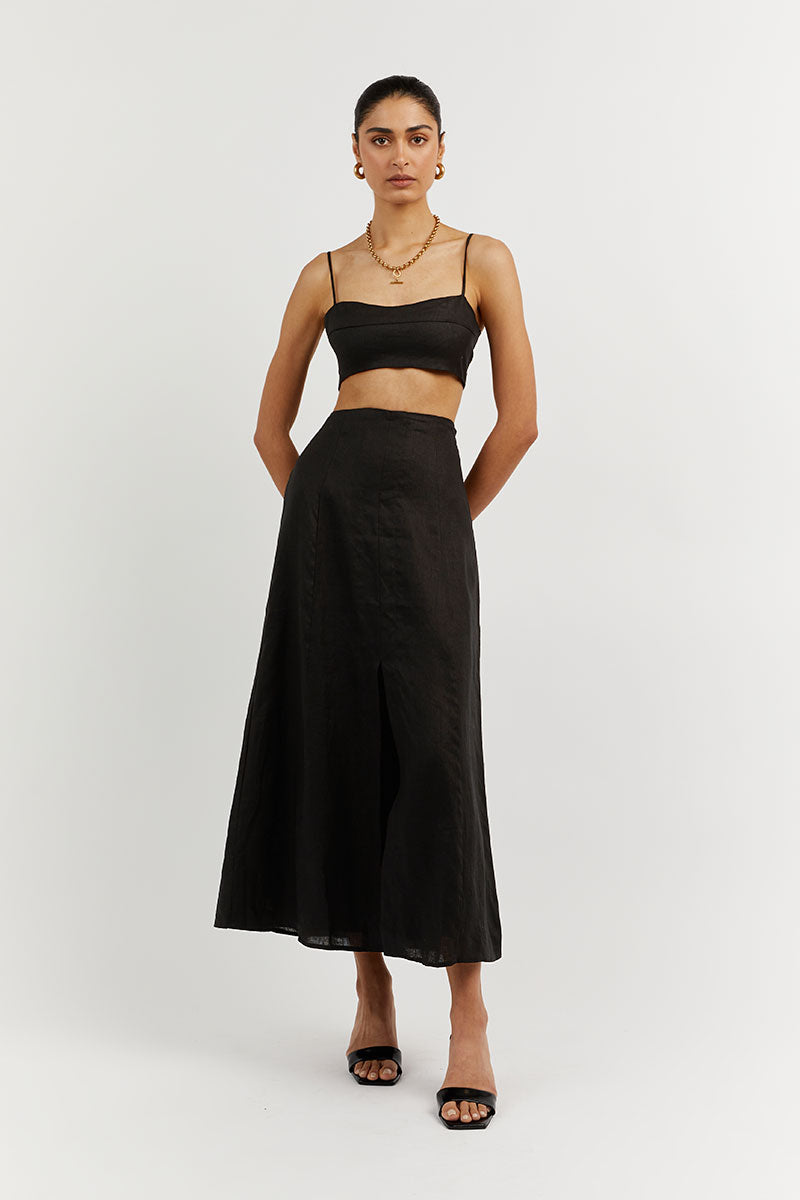 VIENNA BLACK LINEN CURVED CROP TOP