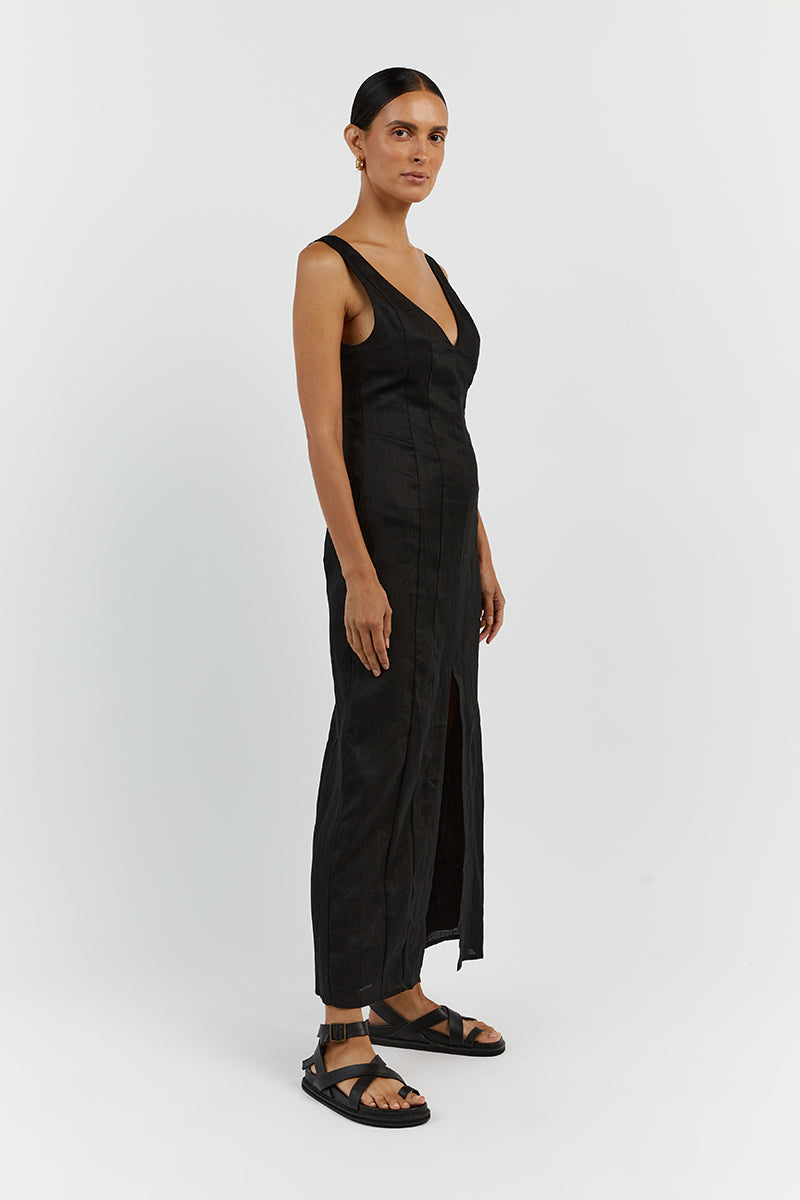 MILAHN BLACK LINEN V NECK DRESS