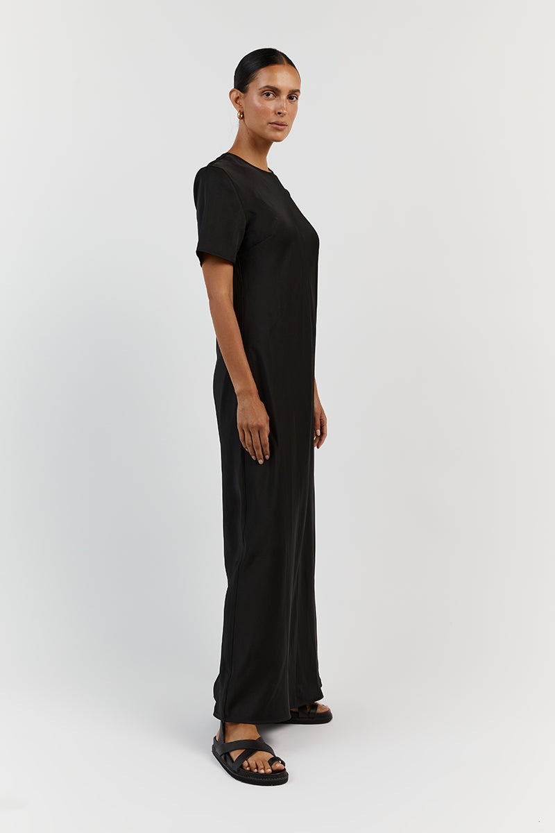 BLOOM BLACK SATIN SLEEVE MIDI DRESS