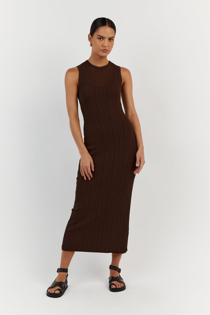 HARPER COFFEE SLEEVELESS MIDI DRESS