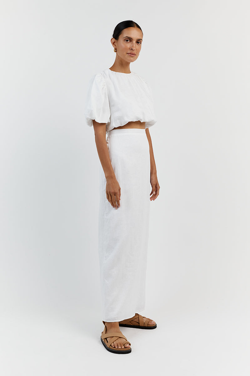 NAT WHITE GATHERED LINEN CROP TOP