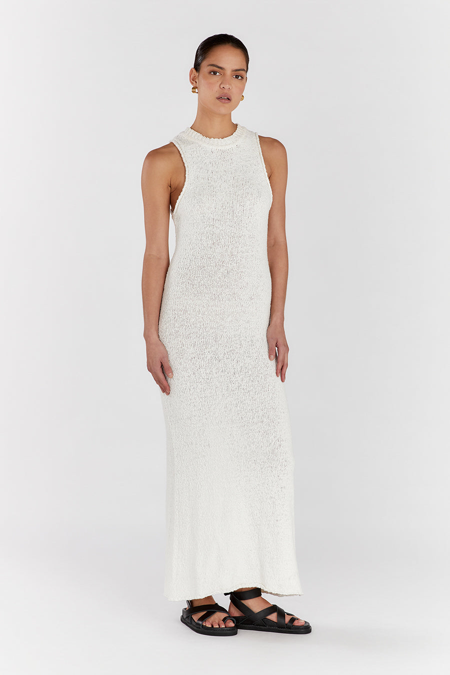 DION OFF WHITE BOUCLE CREW MAXI DRESS