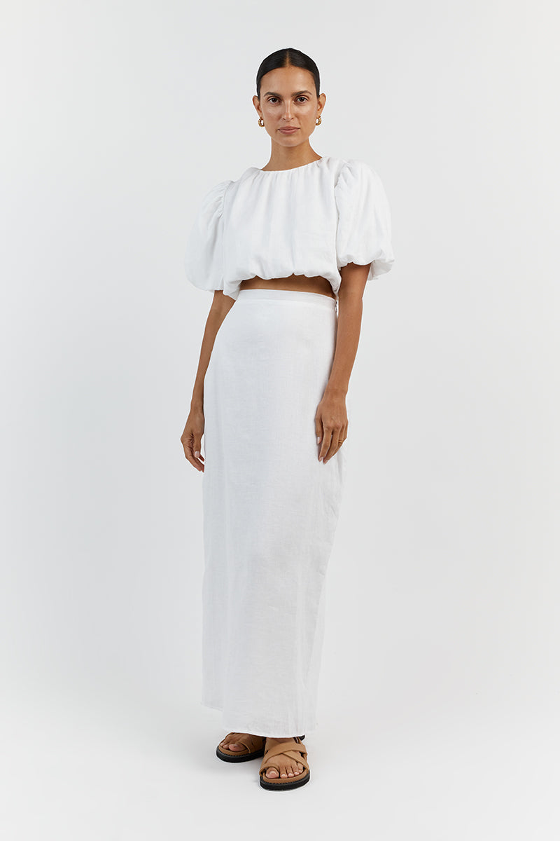 NAT WHITE GATHERED LINEN CROP TOP