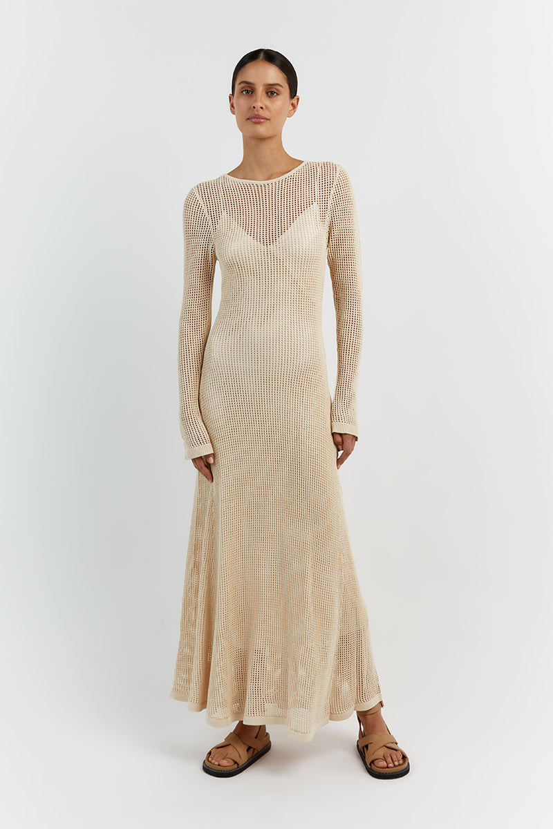 OPHELIA NATURAL LONG SLEEVE CROCHET MAXI DRESS