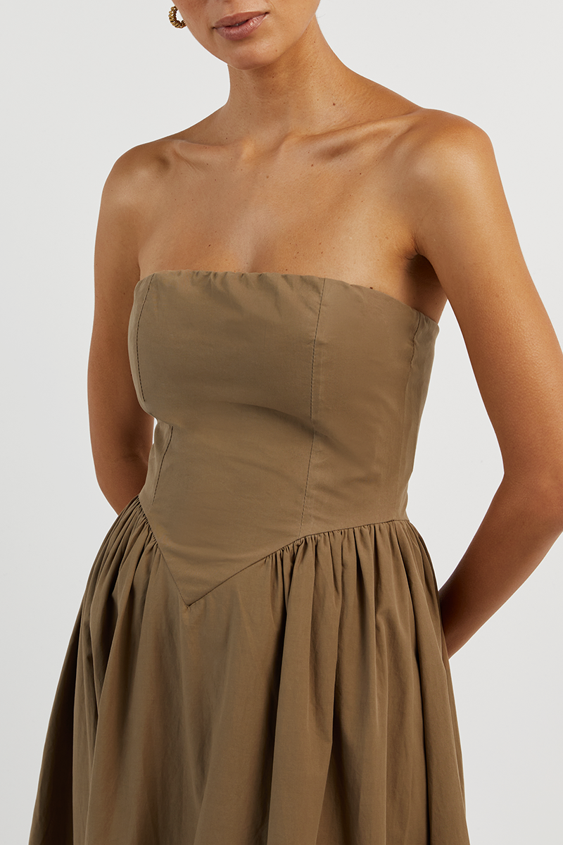 HYLAND COFFEE STRAPLESS MIDI DRESS