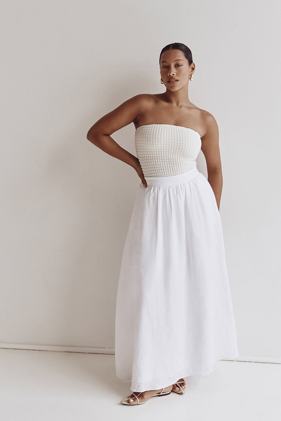 GEMIMA WHITE LINEN MIDI SKIRT