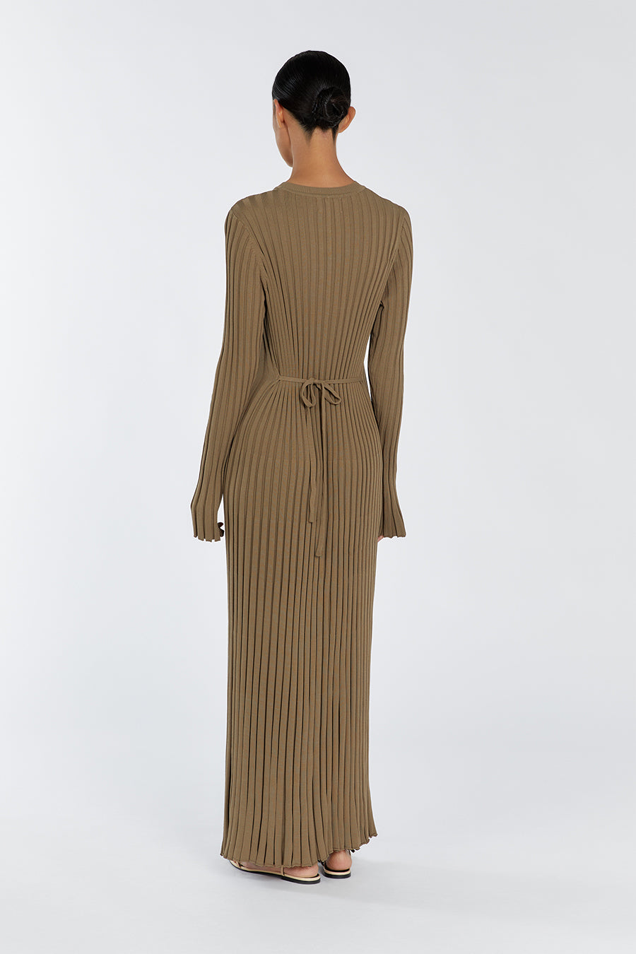 ADA KHAKI LONG SLEEVE MIDI DRESS