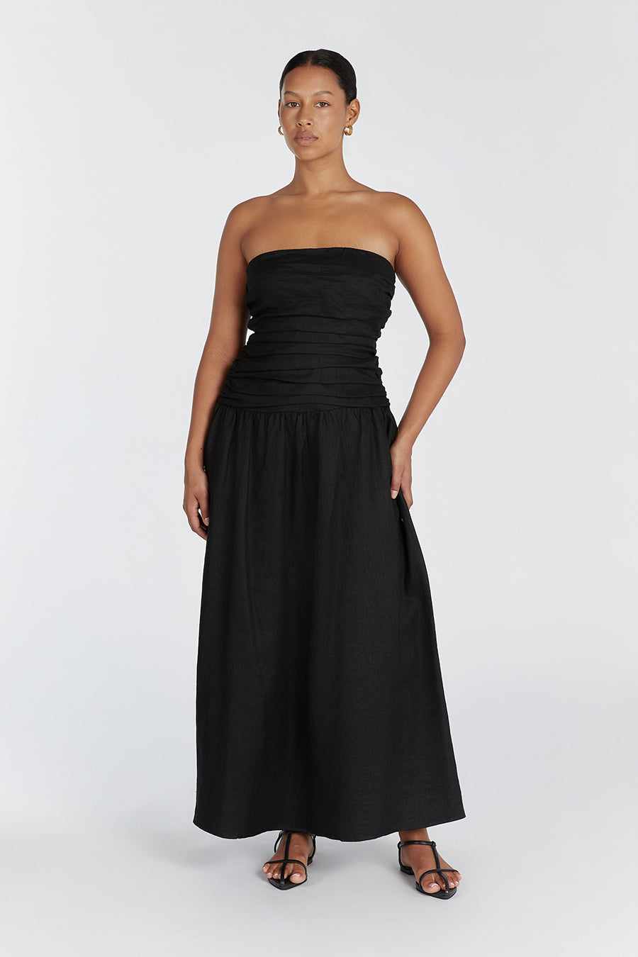 CATANIA BLACK LINEN STRAPLESS DRESS