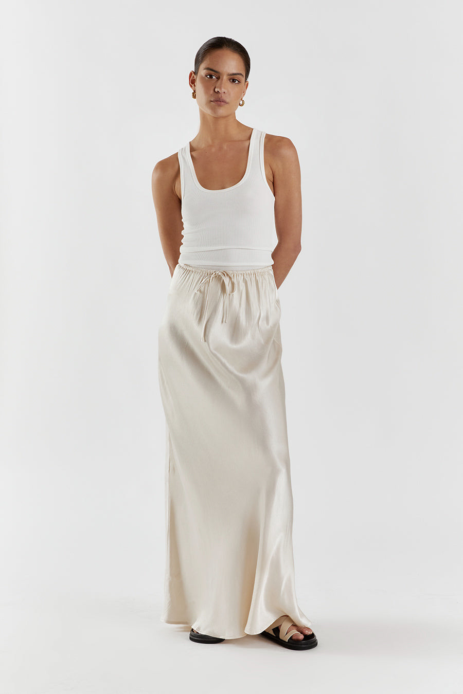BLOOM PEARL SATIN MIDI SKIRT