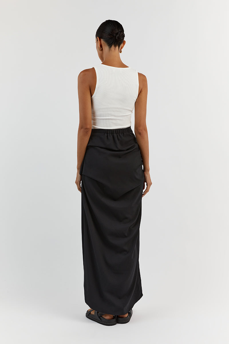JAMIE RUCHED BLACK MIDI SKIRT