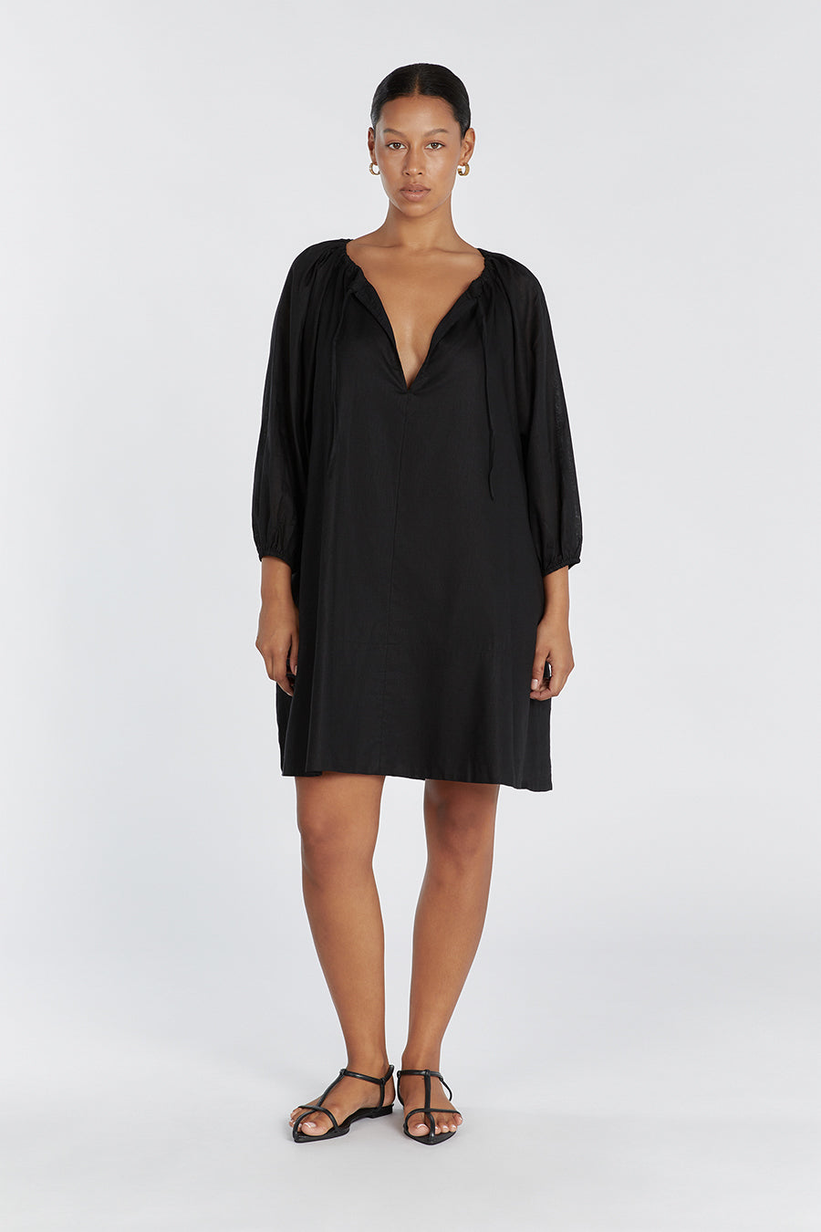 NADIA BLACK LINEN SMOCK DRESS