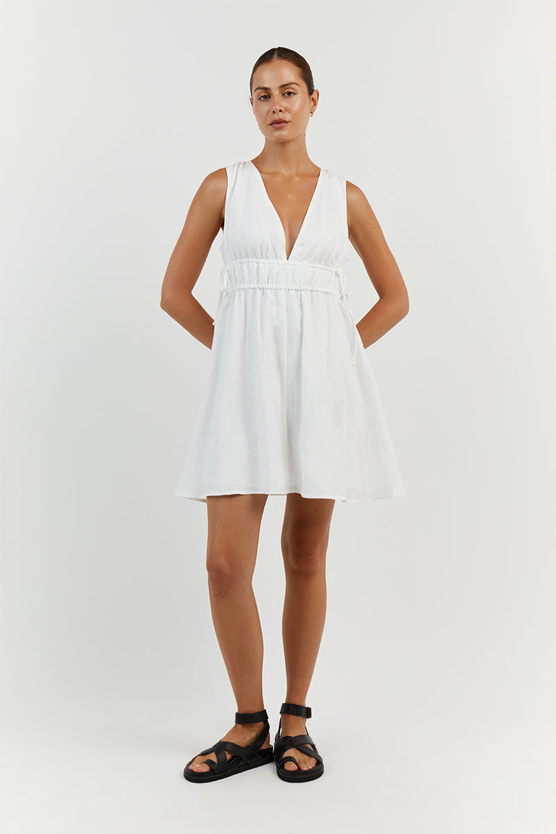 PIA WHITE LINEN LOW NECK MINI DRESS