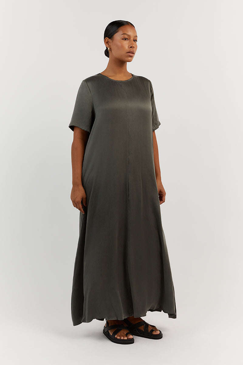 LAYLA DARK OLIVE SILK SHORT SLEEVE DRESS