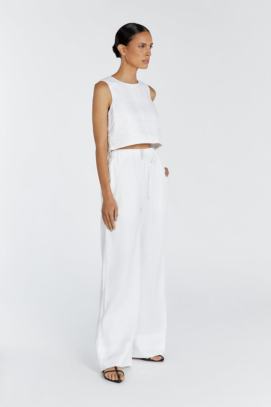 GINA WHITE LINEN ELASTIC WAIST PANT
