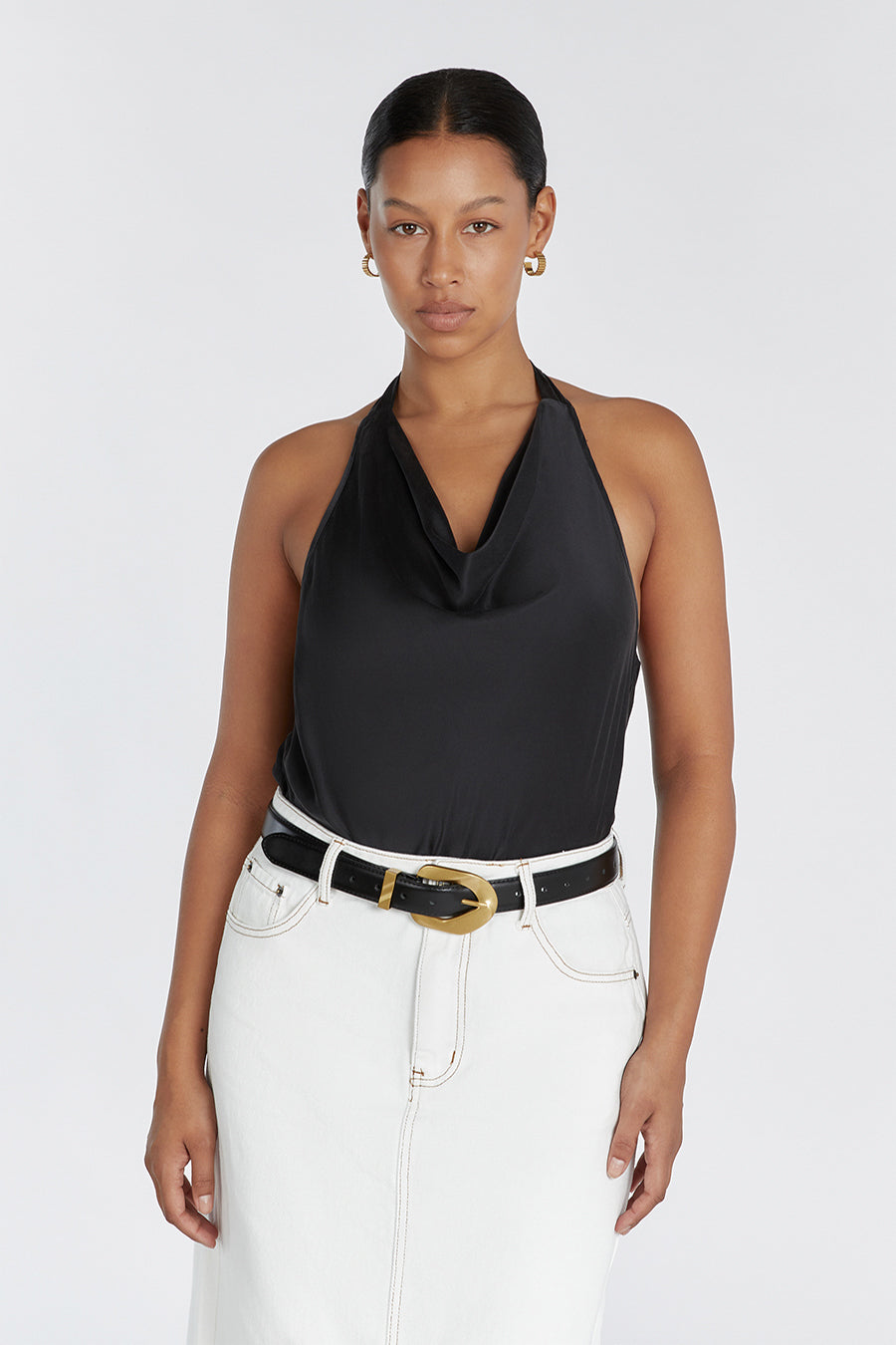 AIMEE BLACK SILK COWL NECK TOP
