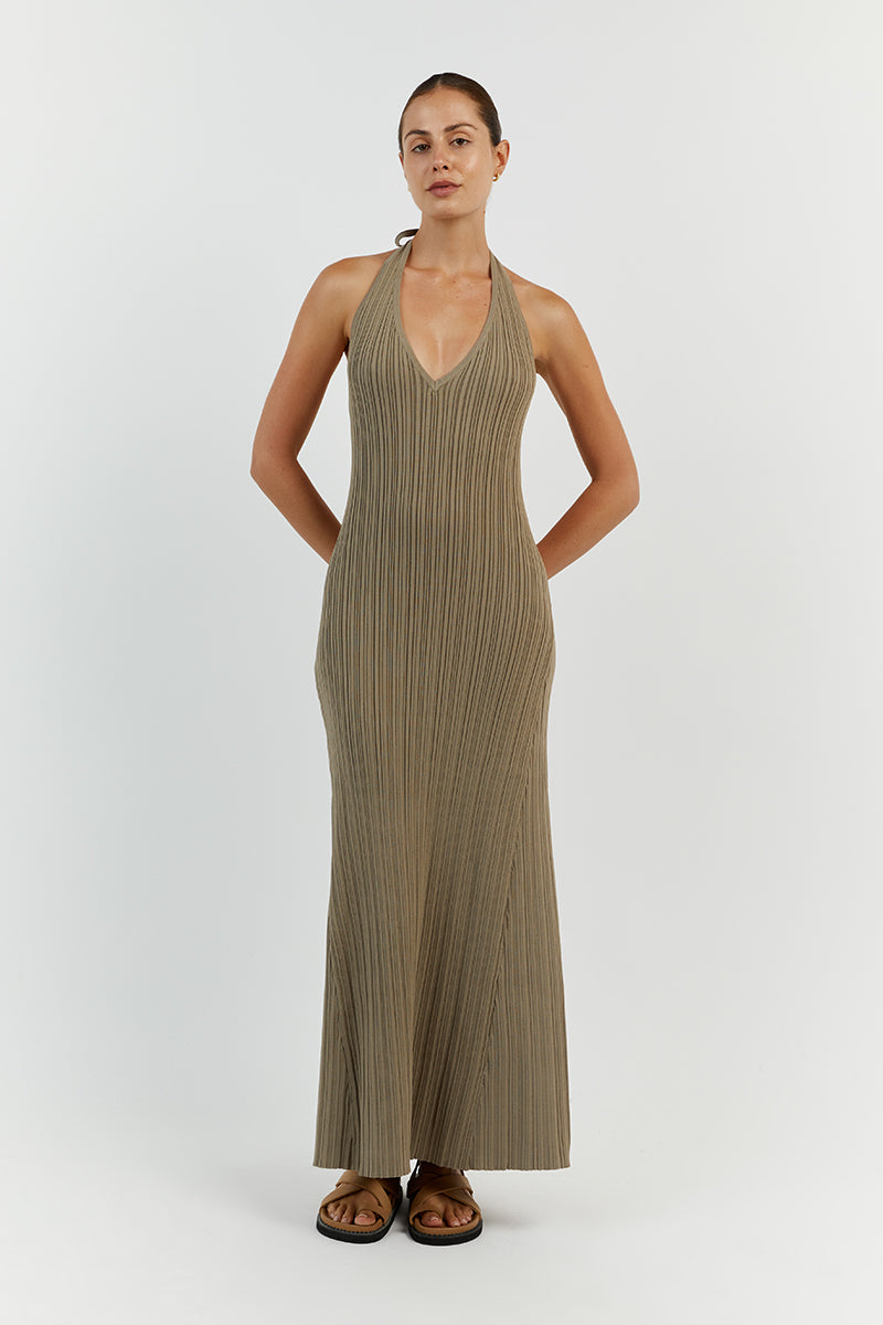 SIENNA MOSS PLUNGE HALTER MIDI