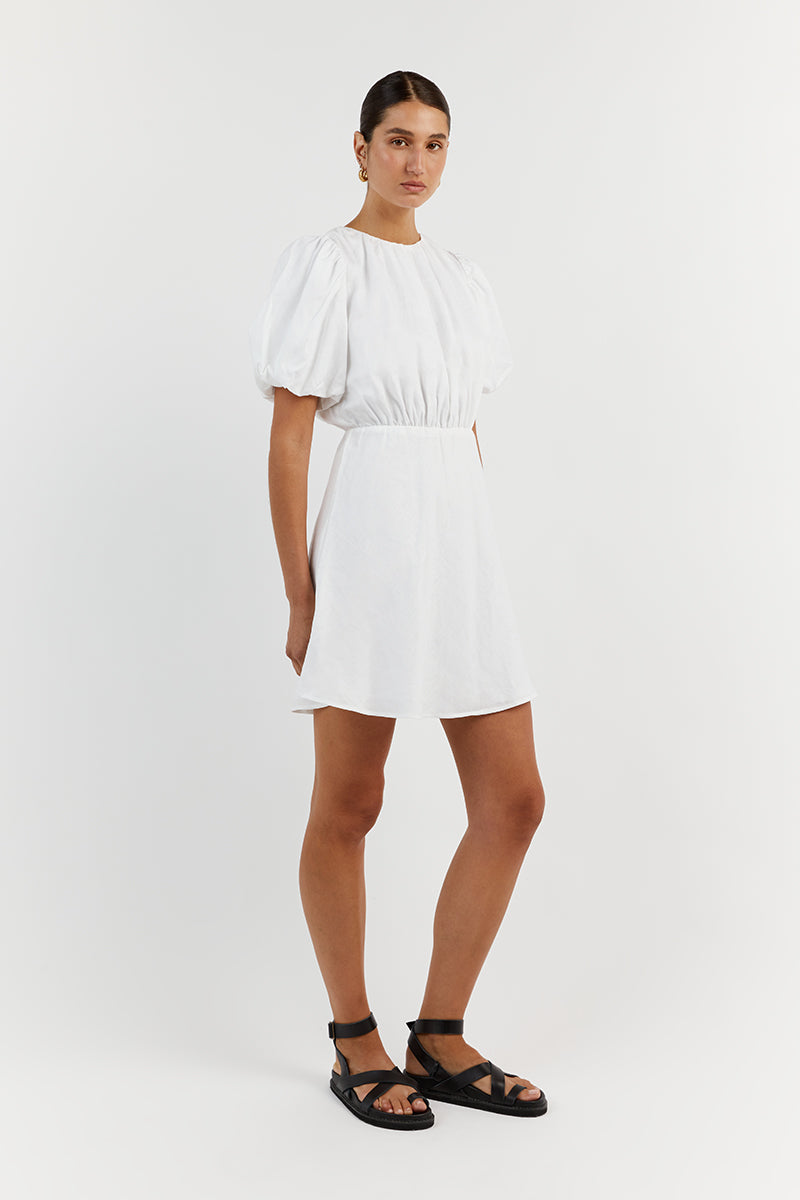 NAT WHITE GATHERED LINEN MINI DRESS