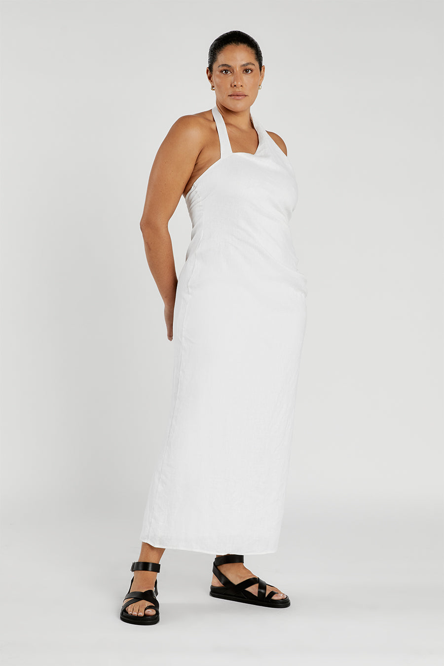 ZOEY WHITE ASYM LINEN MIDI DRESS