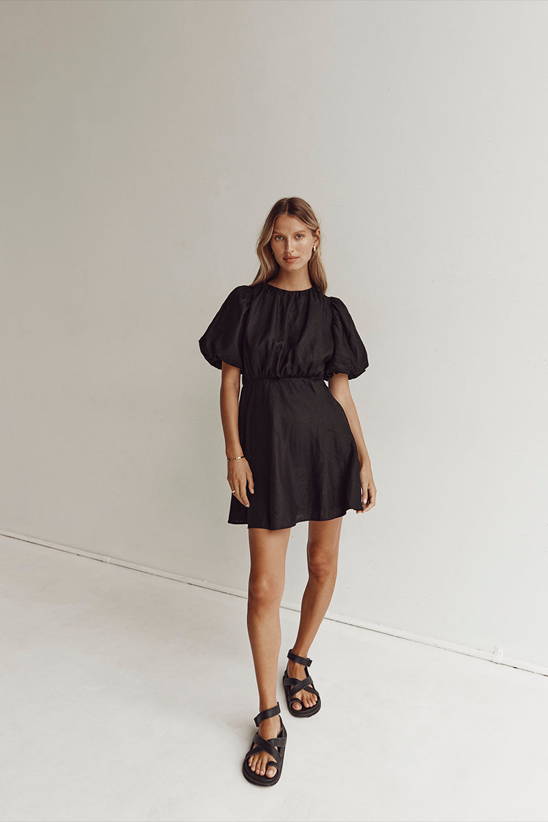 NAT BLACK GATHERED LINEN MINI DRESS