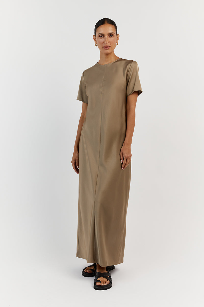BLOOM MOSS SATIN SLEEVE MIDI DRESS